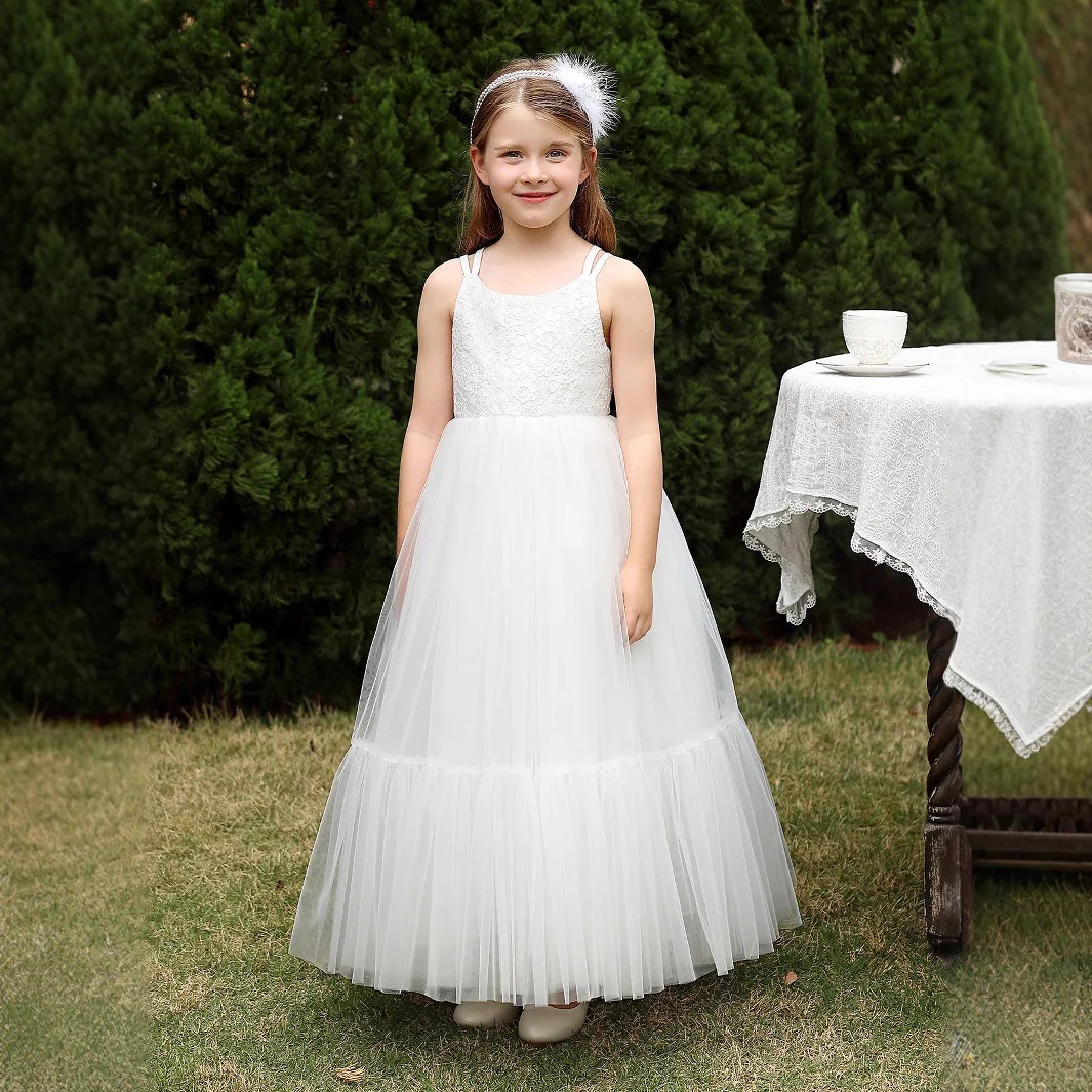 

2-12 years beige girls party dress suspender Princess Flower wedding dresses Fluffy Yarn Performance