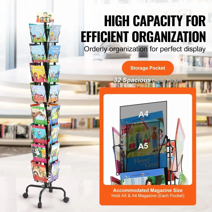 Greeting Cards Display Rack, 32 Pockets Rotating Postcard Brochure Display Stand, 360° Spinning Card Display Rack with Sign Ho