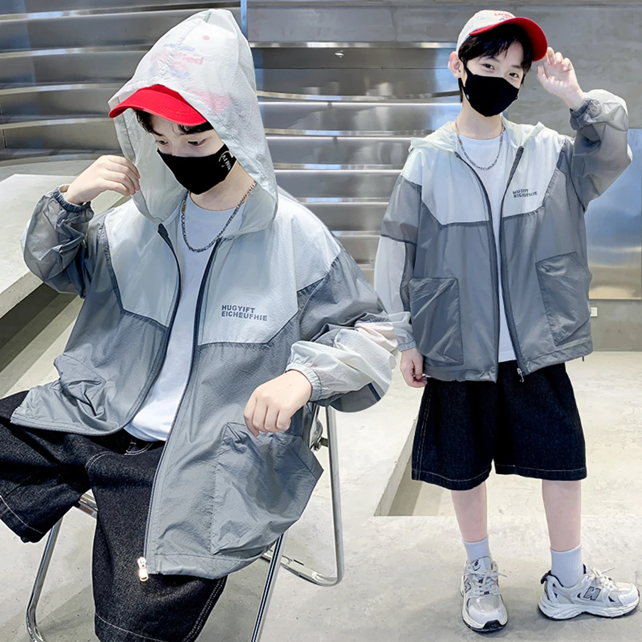 Boys Teen Lightweight Breathable Summer Sun Protection Hooded Casual Shirt Thin Polyester Fiber Long Sleeve Zipper Closure