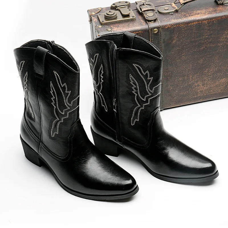 Size 38-46 Western Cowboy Boots for Men Designer Mens Shoes VINTAGE Embroider Leather Boots Black Brown British Style