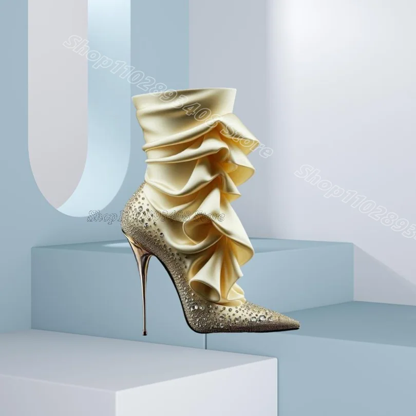 

Rhinestone Decor Silk Boots Pleated Pointed Toe Stiletto British Style Fashion Spring Sexy Women Boots 2025 Zapatos Para Mujere