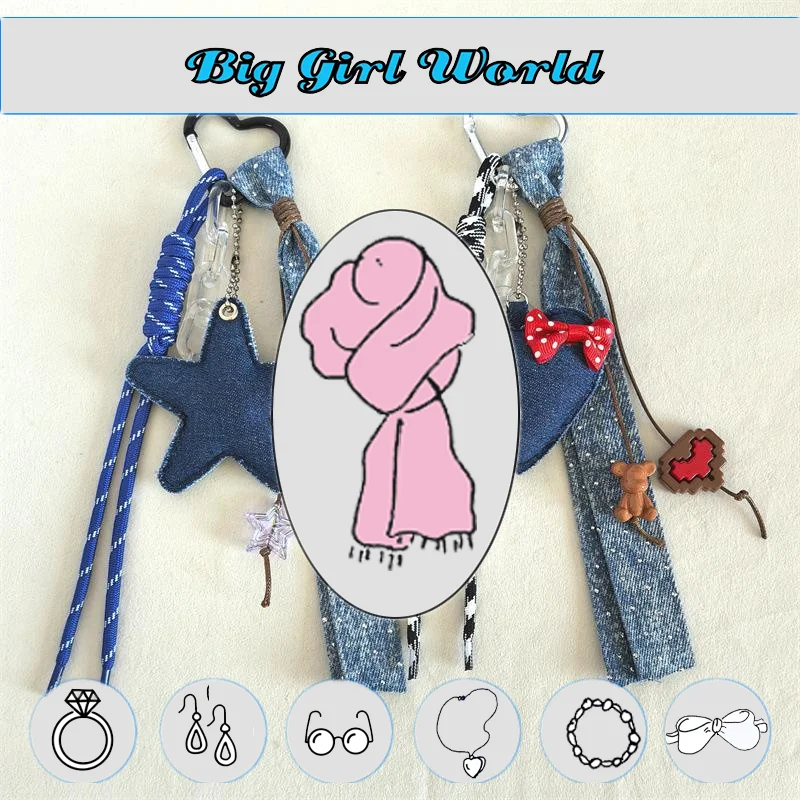 الإبداعية الدنيم نمط على شكل قلب الخماسية نجمة المنسوجة سلسلة مفاتيح قصيرة قلادة العصرية وباردة InS-نمط حقيبة قلادة #4