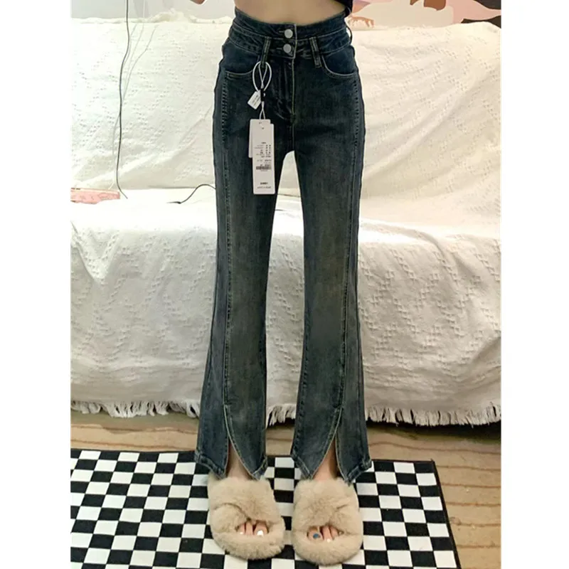 

Retro American Washed Slim Fit High Waist Jeans Women's Stretchy Micro Flared Nine Point Split Pants Deep Color Tight Jeans