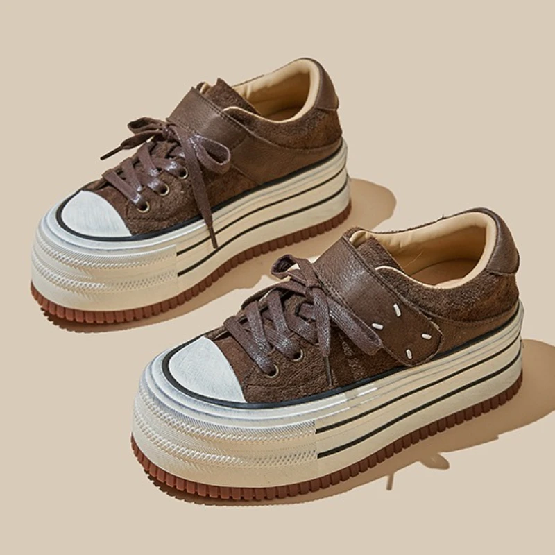 

New Style Genuine Leather Platform Sneakers Women Fashion Cross Lace Up Thick-soled Skateboard Shoes Comfortable Casual Shoes
