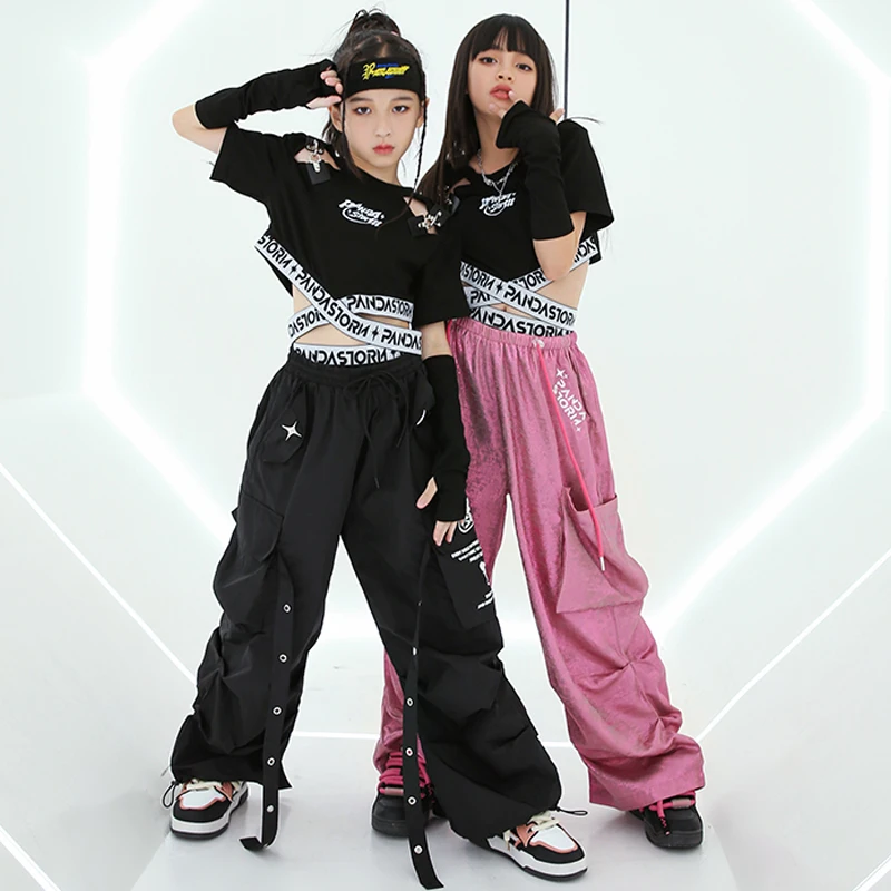 Roupas de dança hip-hop para meninas, tops e calças de jazz para crianças, traje de performance de street dance, kpop, bl12019