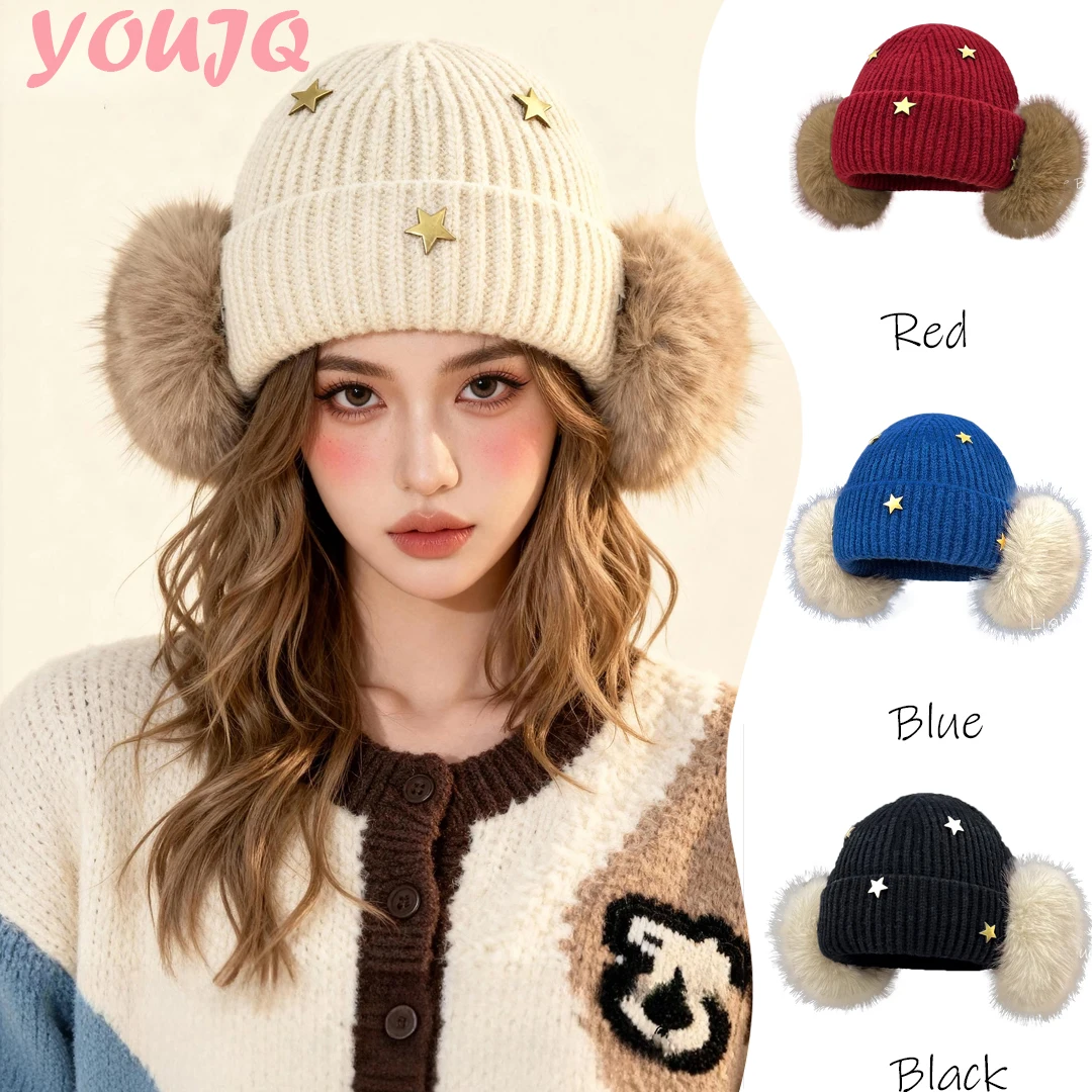 

Korean Five-pointed Star Decoration Plush Ear Protection Knitted Hats for Women Winter Outdoor Warmth Versatile Ski Beanie Cap
