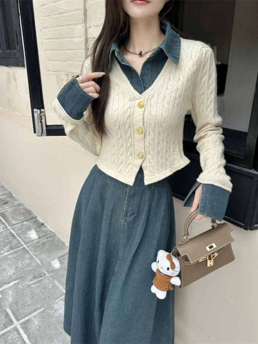 

2024 New Faion Thiened Denim ort Knitted Sweater Jaet Loose Open Cardigan Korean Sle Casual Wear for Young Women