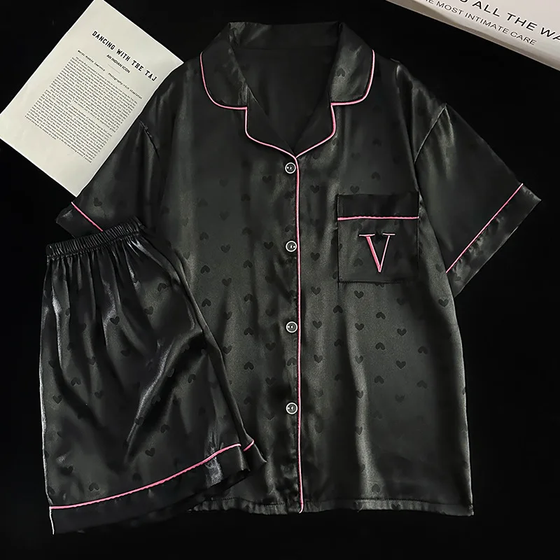 

Luxury Casual Heart Ins Style Summer Pajamas for Women, Short Sleeve and Shorts, Ice Silk, Letter Embroidery Homewear Set