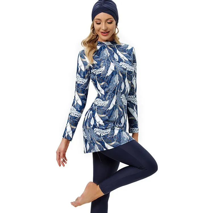 2026 New 3 Pieces Print High Neck Long Sleeve Modest Burkini Swimsuit Women Loose Tunic Full Leggings Hijab Islamic Bathing Suit