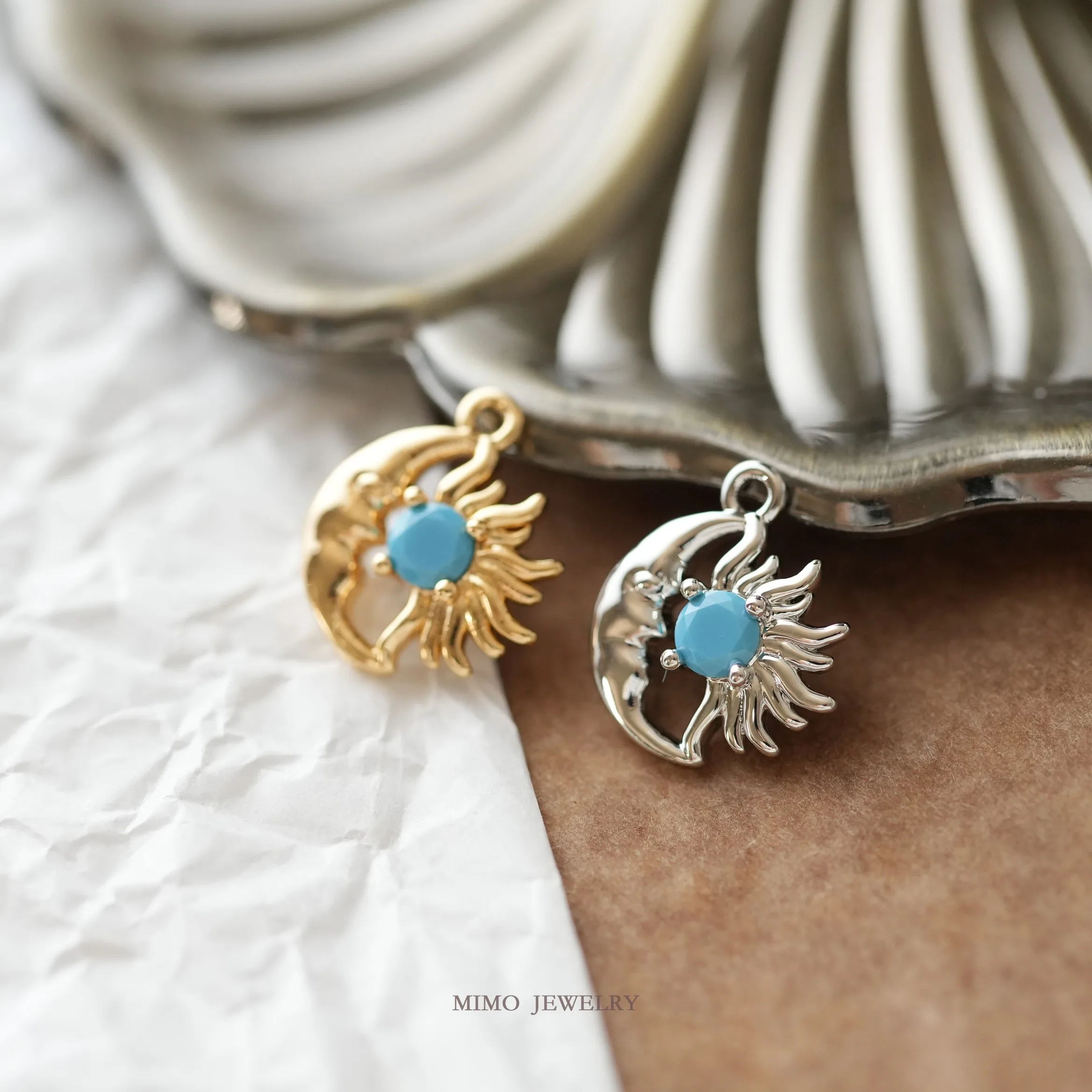 Imitation Blue Pine Sun Moon Totem Vacation Style Charms Pendant Supplies DIY Hand Brass Gold Plated Accessories 14.6*12.3mm