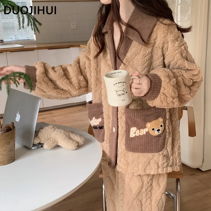 DUOJIHUI Two Piece Korean Thick Warm Female Pajamas Set Loose Casual Pant Chic Button Cardigan Winter Flannel Pajamas for Women