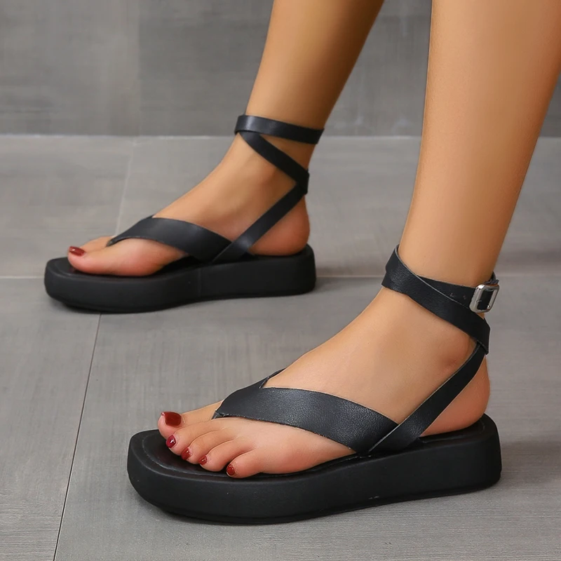 2023 Sandals Comfort Shoes for Women\'s Female Summer Flip Flops Platform Roman Style Low Heels Black Fashion Casual Ladies Shoes