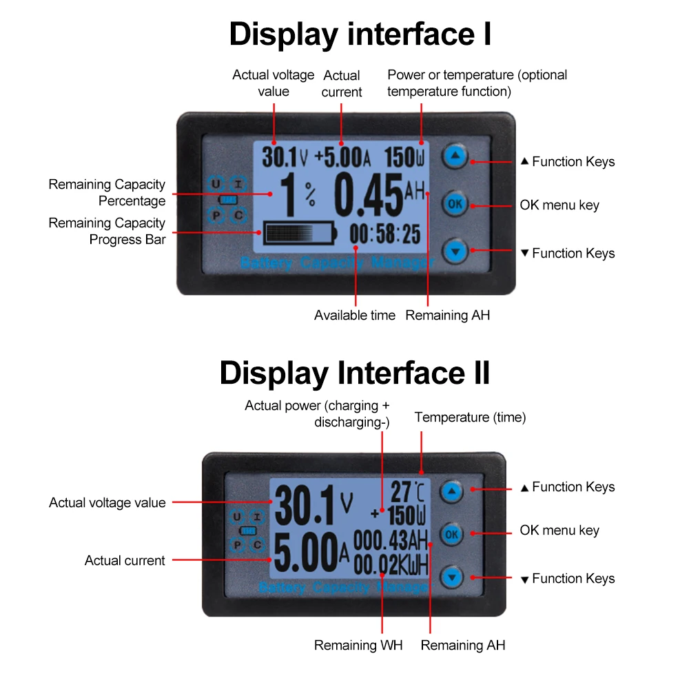 DC8-120V 50-500A 60KW Battery Monitor Hall Sensor Coulomb Tester Digital Voltmeter Ammeter Battery Capacity Coulometer for Car