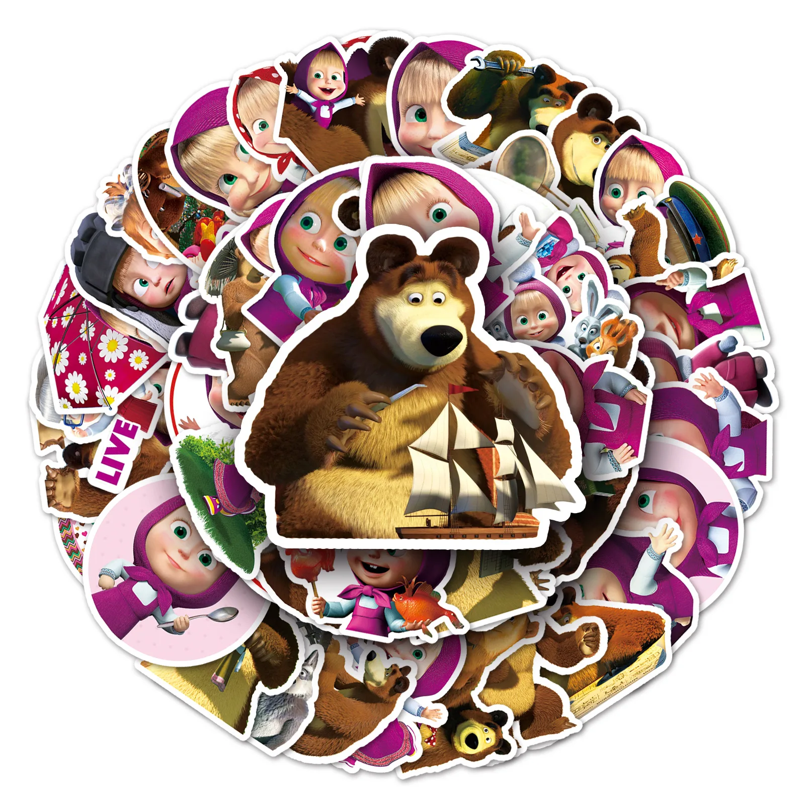 50PCS Adesivos de Graffiti de Desenho Animado Masha e o Urso, Decalques DIY para Malas, Capas de Telefone, Copos, Guitarras e Cadernos