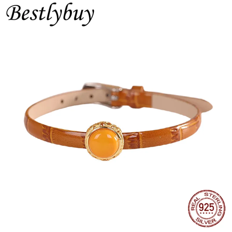 

S925 Silver Retro Natural Lapis Lazuli/jade Cowhide Strap Bracelet For Men And Women Fashionable Simple And Luxurious Gift