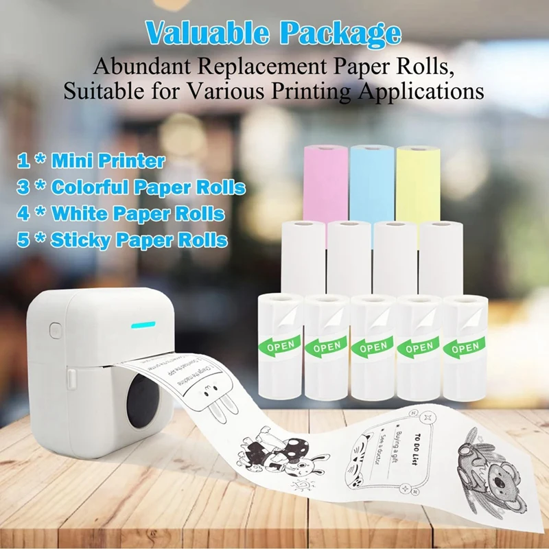 Mini Draagbare Printer, Inktloze Stickerprinter Met 12 Rollen Papier, Mini Thermische Printer Voor Notities/Foto 'S/Stickers