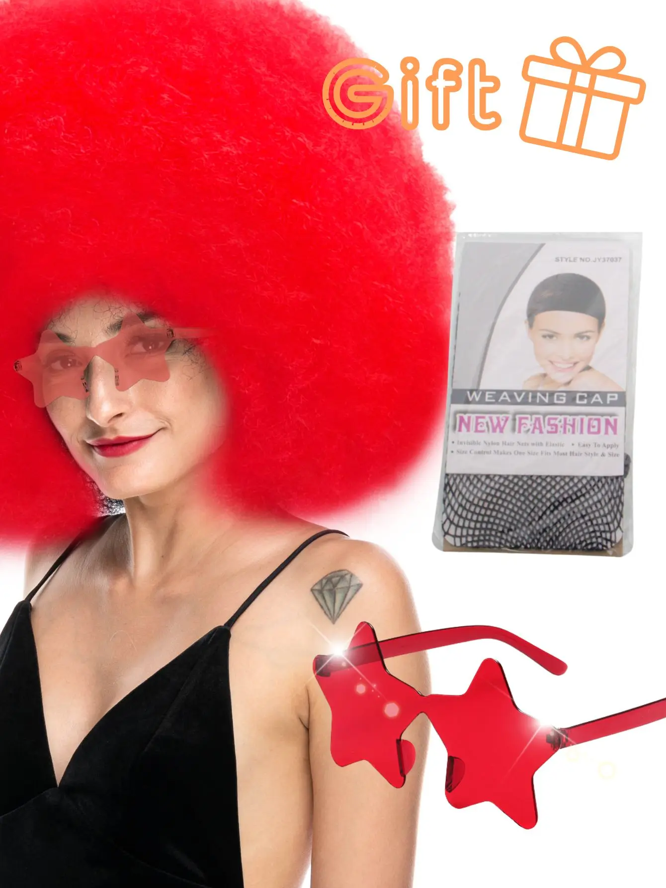 Oversized pluizig krullend haar pruik meerkleurig hittebestendig synthetische vezel met plus bril voor feest