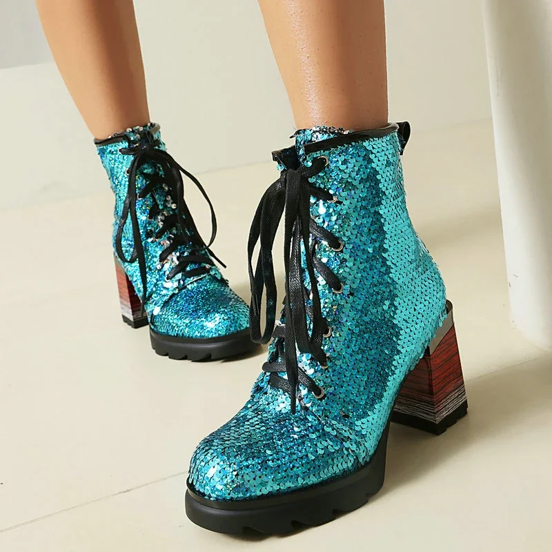 

2025 New Winter Women Ankle Boots Platform Square High Heel Ladies Short Boots Bling PU Leather Round Toe Cross Tied Women Boots