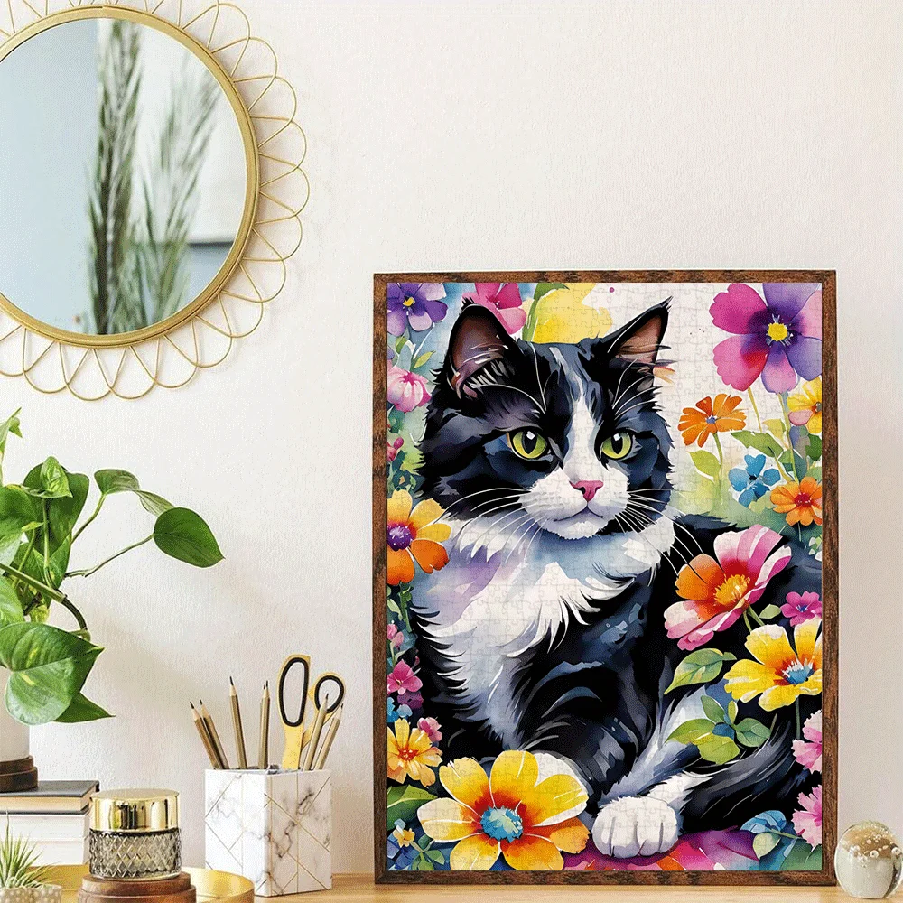 Puzzle dla dorosłych z motywem kota akwarelowego wśród kolorowych kwiatów, gra intelektualna, zabawka dekoracyjna do domu i na czas wolny.
