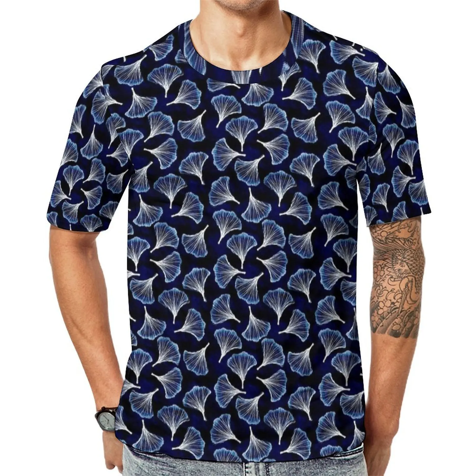 Navy White Ginkgo Leaf Grid T Shirt For Couple Graphic O Neck T-Shirts Summer Retro Tops Short Sleeve Awesome Big Size Tee Shirt