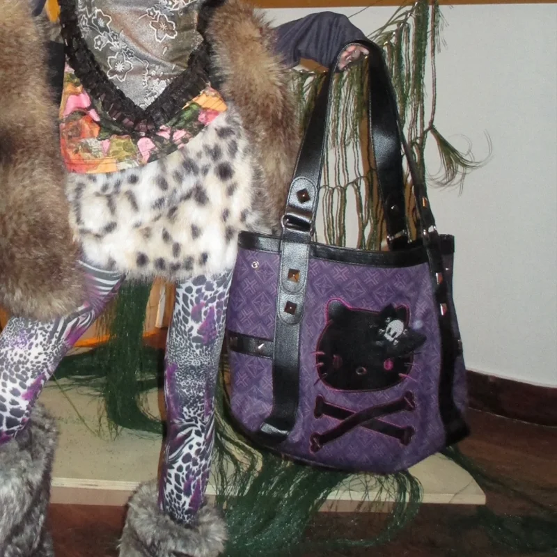 Kawaii مرحبا كيتي سانريو الإبط حقيبة أنيمي الشكل الأرجواني Y2K فتاة حقائب حقيبة يد للسفر سعة كبيرة تخزين امرأة هدية عيد ميلاد