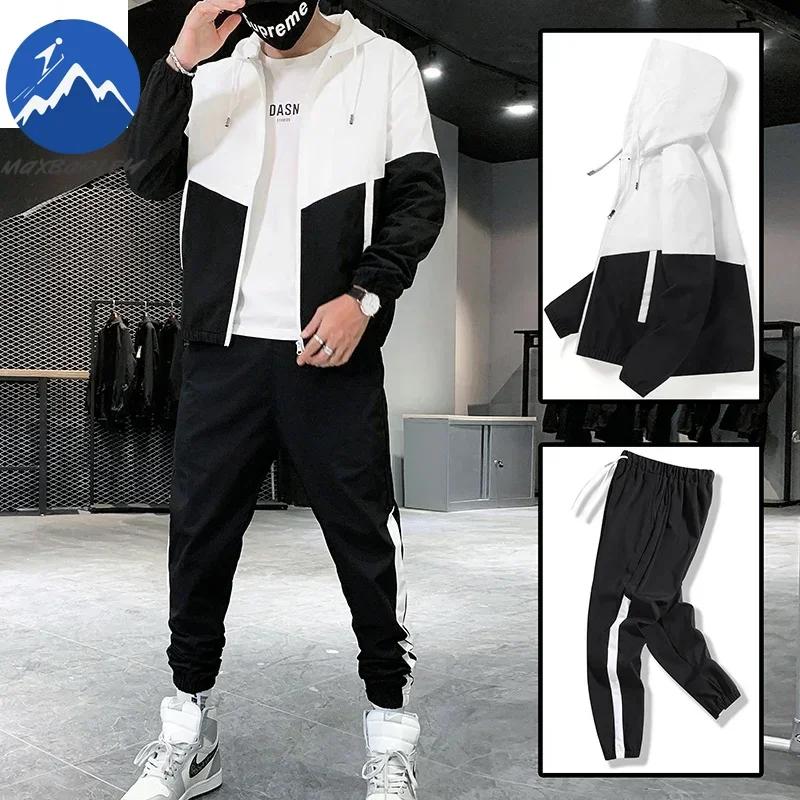 Spring Autumn Men Sportswear Suit Hooded Colorblock Casual Jacket + Pants Suit Man Teenager 2 Piece Jogger Sweatshirt Tracksuit
