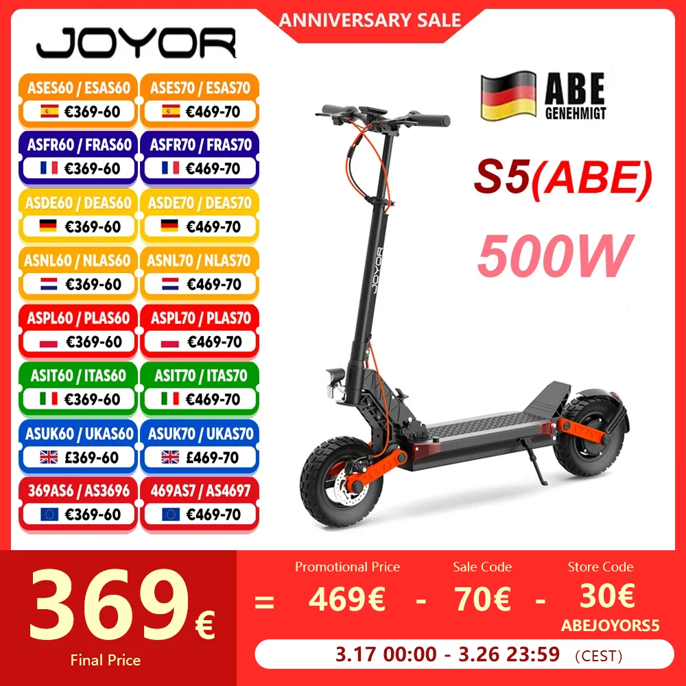 JOYOR S5 Electric Scooter 500W EScooter 48V13Ah Speed 20km/h 40-55km Range Dual Disc Brakes 10-inch Tires with ABE Certification