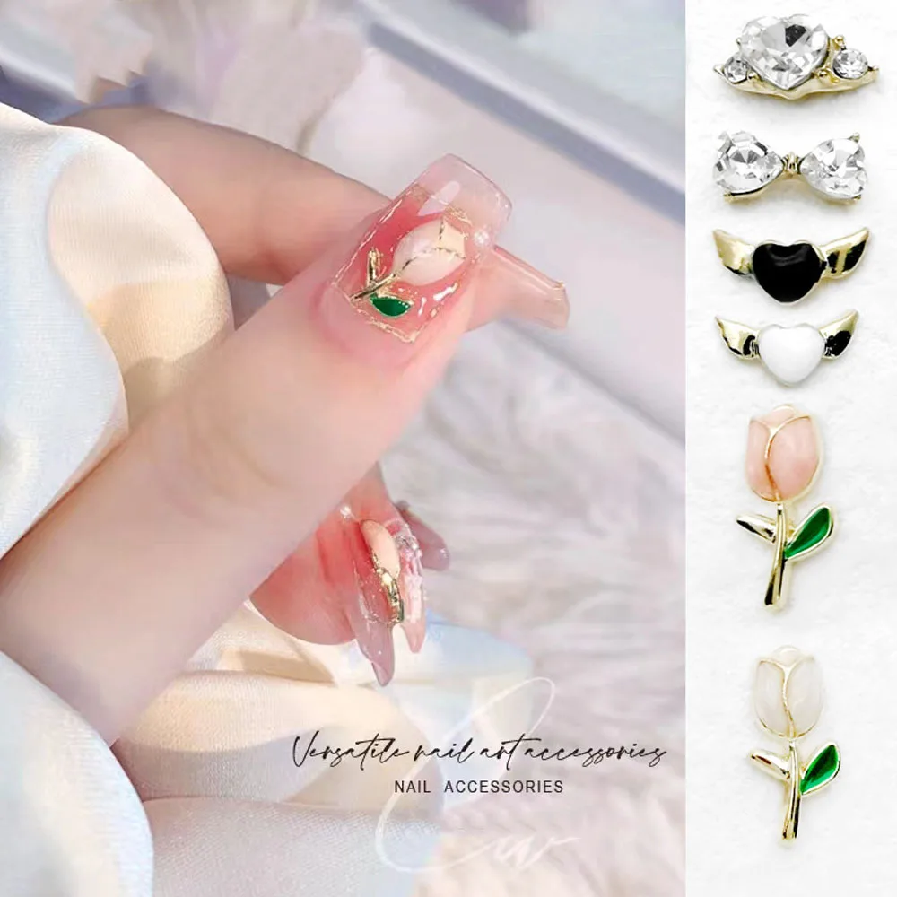 

3D Heart Alloy Pink Tulip Bowknot Nail Art Charms 10Pcs/lot Rhinestone Metal Gold/Silver Decoration Accessories Nail Parts Bulk
