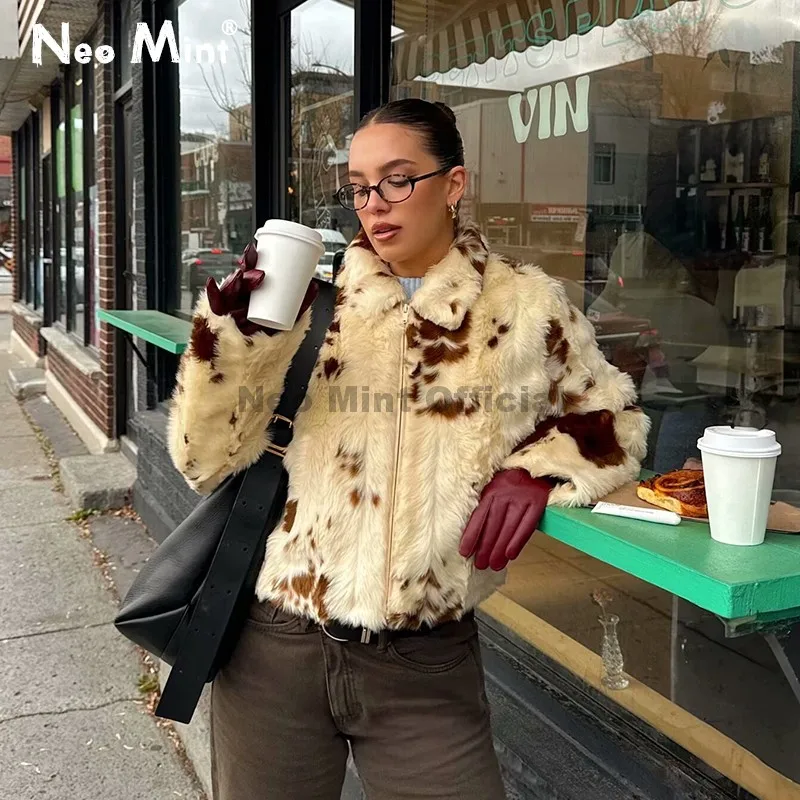 

Neo Mint 2025 Autumn Winter Brand Designer Eco Fur Jacket Women Ins Streetwear Girls Cow Print Faux Fur Coat