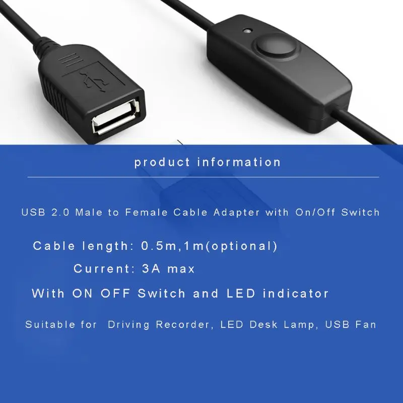 Câble d'extension USB 2.0 avec indicateur de commutateur marche/arrêt, pour ventilateur de PC, lampe LED