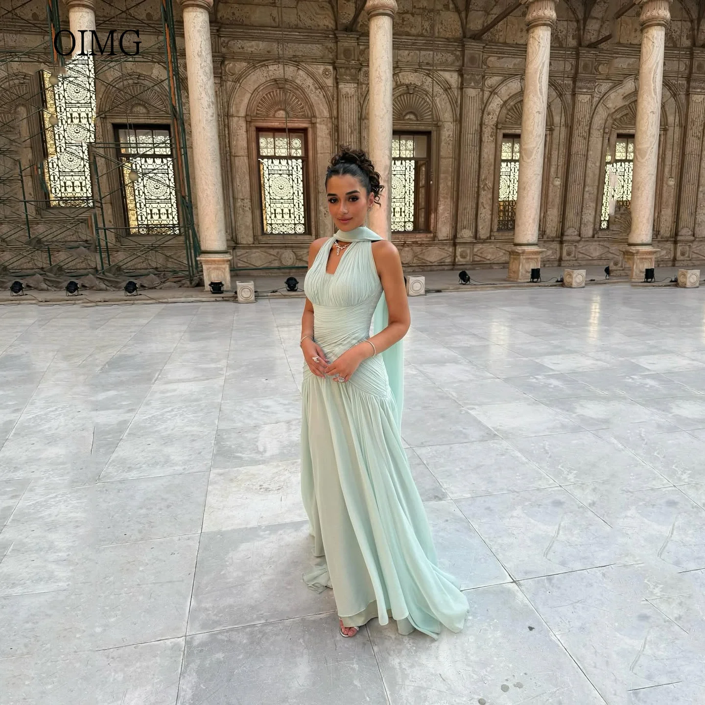 

OIMG Maxi Mint Green Halter A Line Prom Gowns Chiffon Sleeveless Party Gown Vacation Floor Length Evening Dress Customized