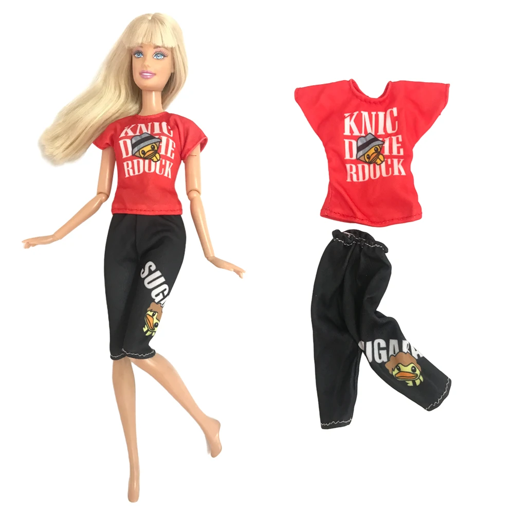 NK Official Fashion Outfit Set for 1/6 Doll Clothes  30cm Dolls Accessories Red T-shirt Black Trousers Pants Toys For Children