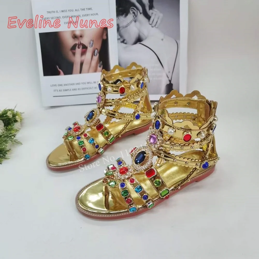 Gold Gemstone Flat Sandals Summer Round Toe Solid Fashion Back Zipper Nightclub Catwalk Beautiful Shoes For footwear