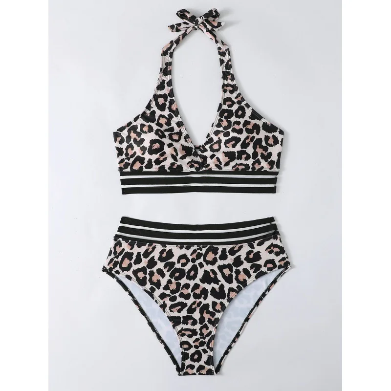 Seksi leopar Bikini 2024 Halter yüksek bel mayo kadın mayo kadın tanga Bikini seti Bather Beachwear mayo havuzu