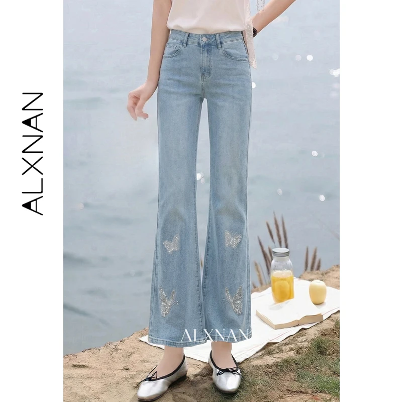 

ALXNAN Women's Blue Jeans 2026 Spring Butterfly Embroidery All-Match Bootcut Denim Pants Elegant Slim-fit Female Pants L61371A