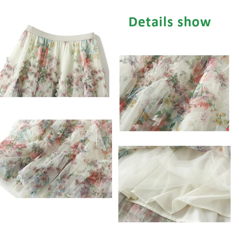 Colorful Flower Mesh long Skirt for Women 2025 Spring Summer French Court Style Cake Midi Dress Tulle Tutu Skirts