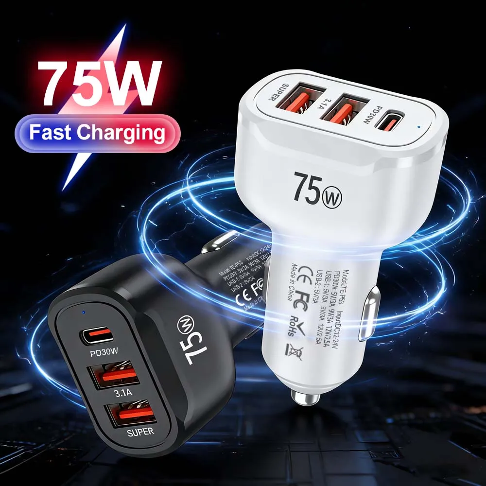 

3 Ports 75W USB Car Charger Type C Lighter Charger QC3.0 3.1A Car Fast Charging Adapter 2USB+ PD30W Car Interior Travel Gadgets