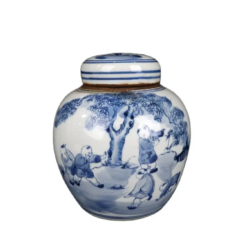 

China Old Porcelain Blue and White Character Figure pattern Cover Can Covered Storage Pot
