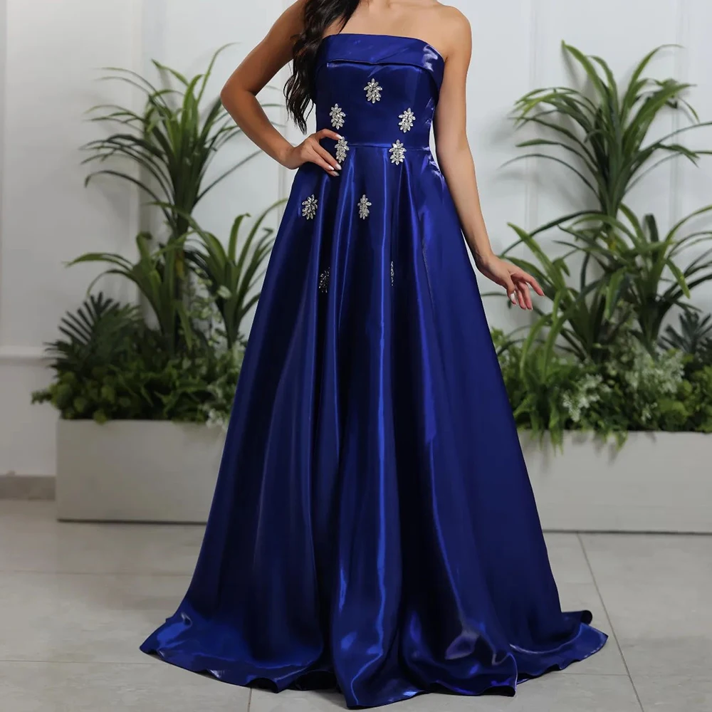 

Solid Color Strapless Sleeveless Satin A-Line Floor Length Sweep Train Crystal Elegant Luxury Evening Dress 2024 Zipper Back