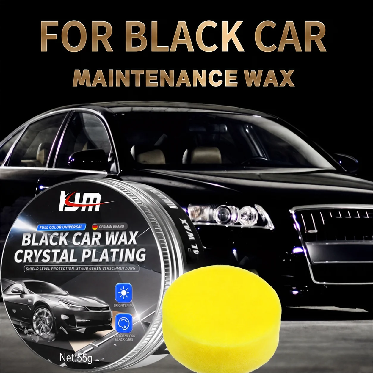 KJM Black Car Wax 55g Waterproof Polishing Coating Hydrophobic Renovation Paint Care With Sponge