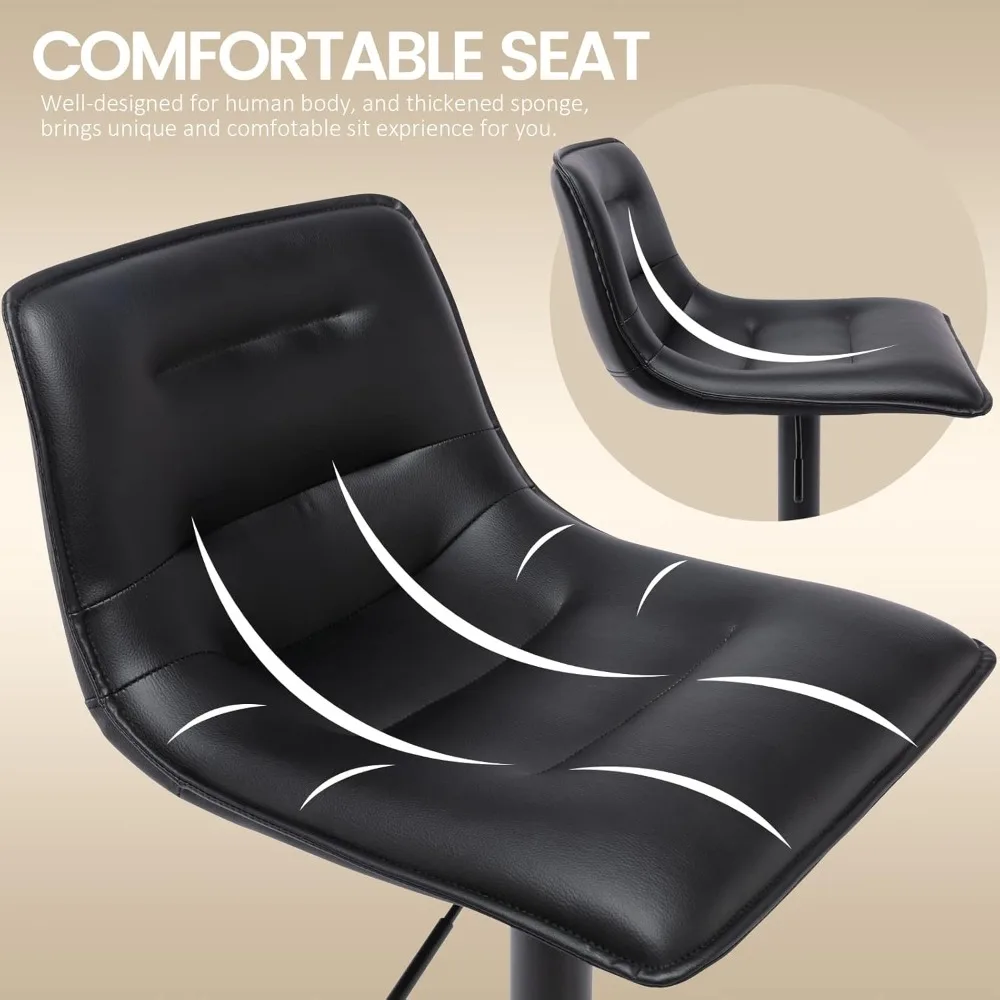 Conjunto de 2 bancos de bar ajustáveis Living, bancos de bar modernos de couro PU giratórios com altura de balcão e encosto, airlift curvo sem braços