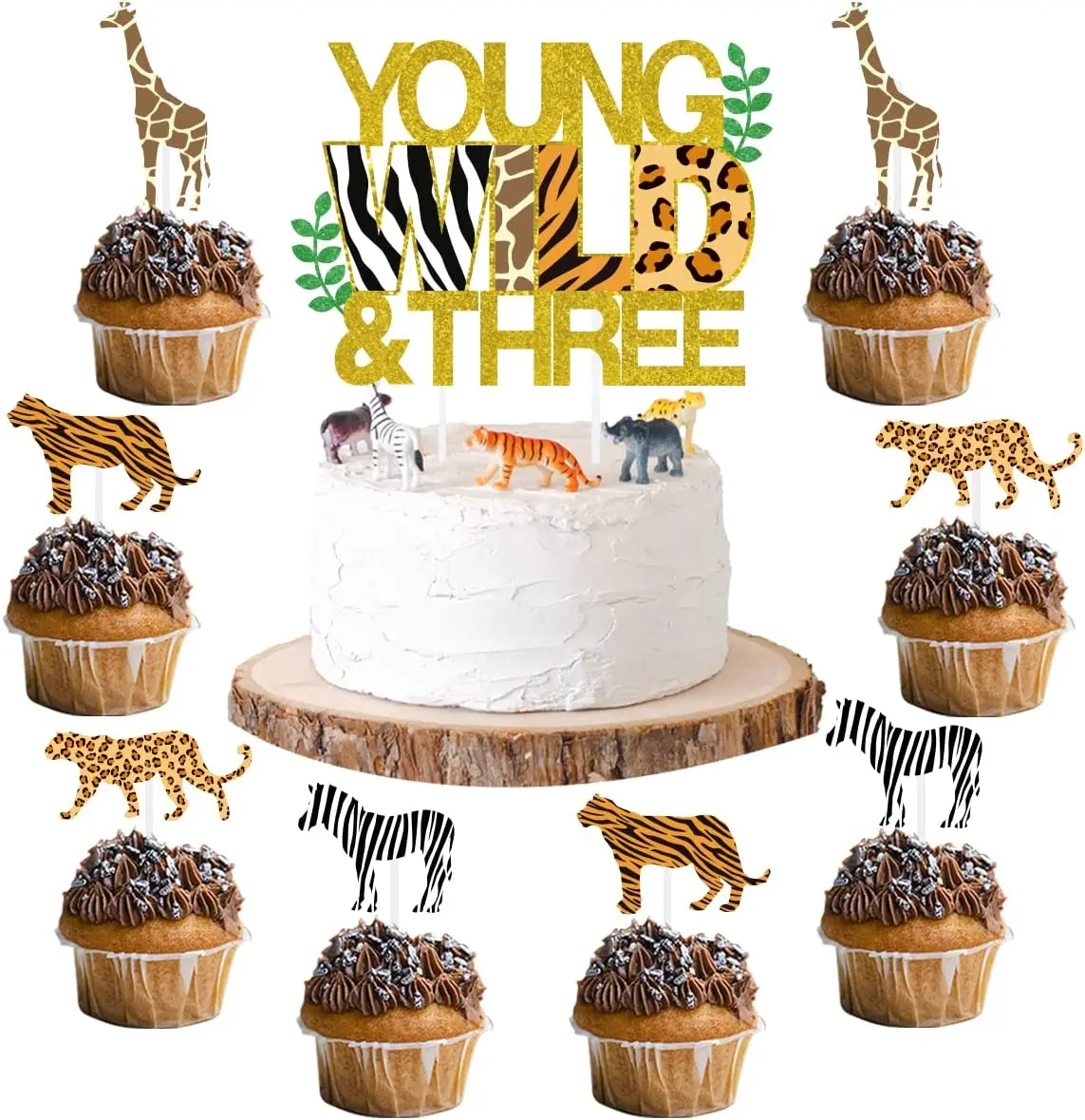 

Funmemoir 25pcs Young Wild & Three Cake Toppers Jungle Animals Cupcake Toppers 3rd Birthday Party Decorations Supplies for Kids