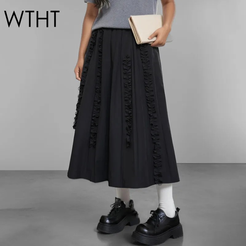 WTHT New Fashion Women's Spliced Ruffled Edge Solid Color A-line Skirts 2025 Spring Elastic High Waist Loose Skirt Female 1LS727