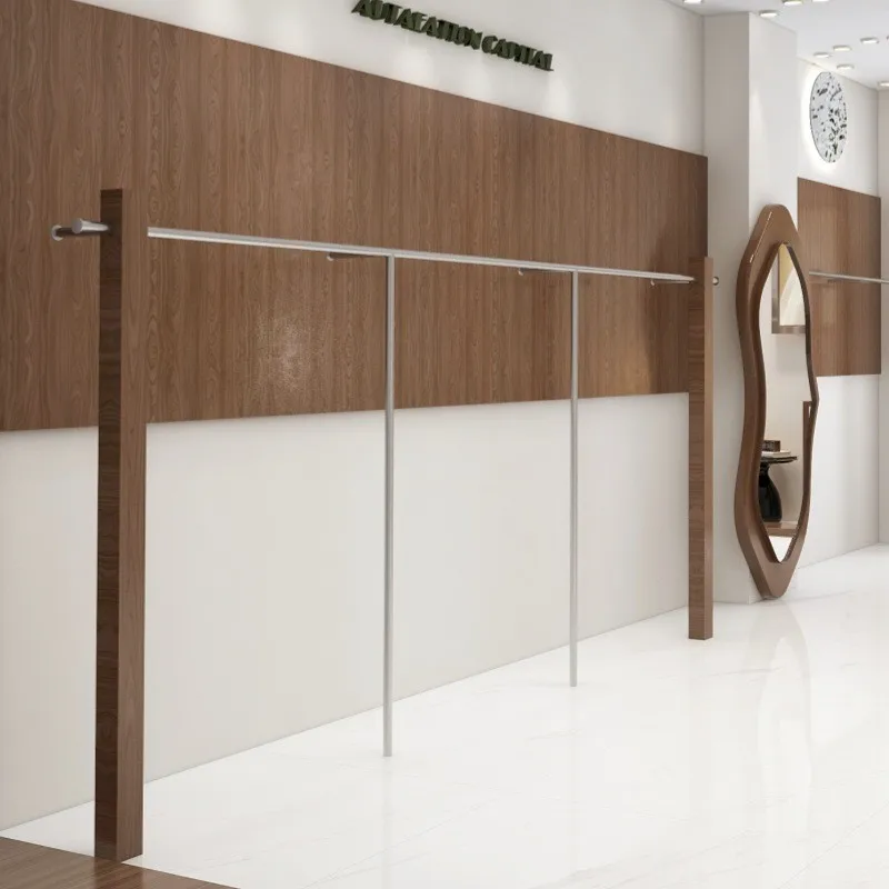 

Clothing store, display rack, upper wall, clothes pole, walnut, solid wood, floor, hanger.