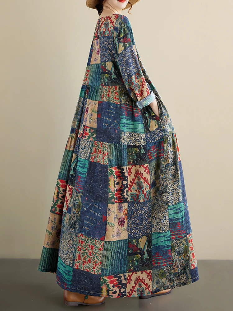 เดรสยาวแขนยาวพิมพ์ลายดอกไม้สไตล์วินเทจสำหรับผู้หญิง เดรสลำลองหลวมๆ สวยหรู เสื้อผ้าแฟชั่นสำหรับฤดูใบไม้ผลิและฤดูใบไม้ร่วง 2025