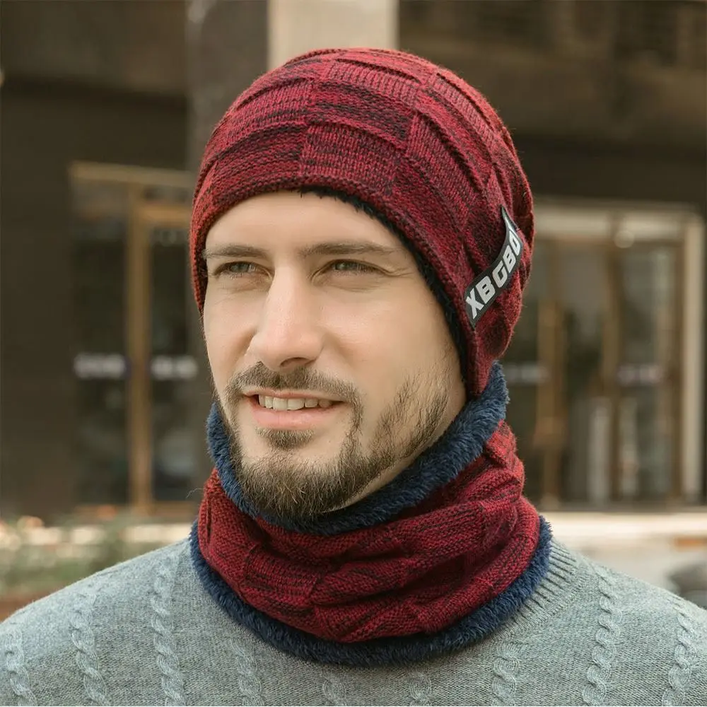 Trendy Winter Men's Beanie Hat Scarf Set Thick Fleece Lined Neck Warmer Skullies Bonnet Warm Knit Hat Scarf