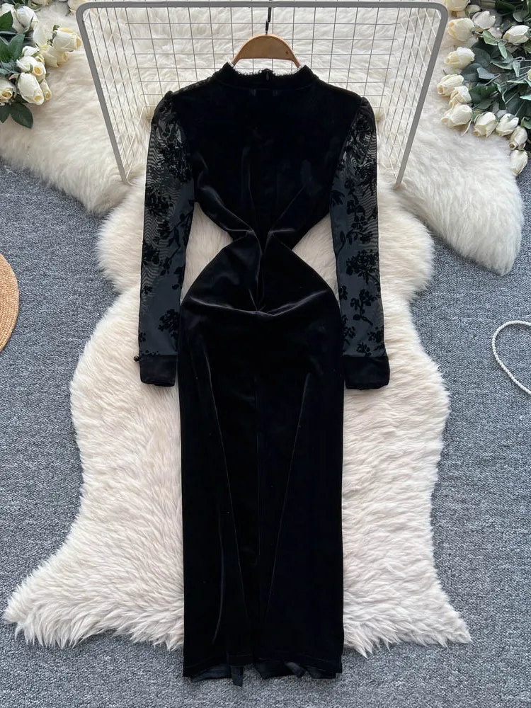 Faionable Chinese Sle Damen Dr Velvet Long Sve Stehkragen Patchwork Abendkleid Ci Pendeln Hohe Taille A-Linie...