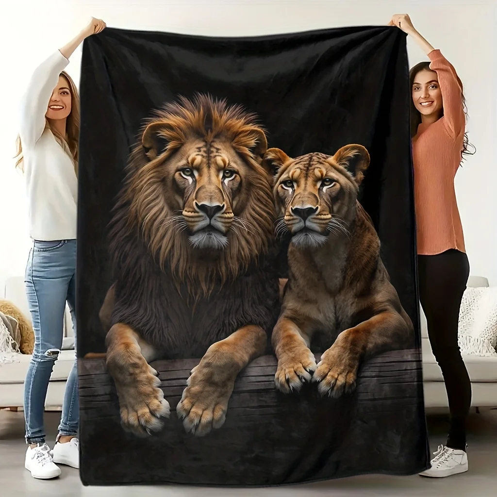 A Cozy Fleece Blanket Featuring a Lion Theme with Soft, High-Definition Digital Printing on a Black Background, Showcasing a Wil