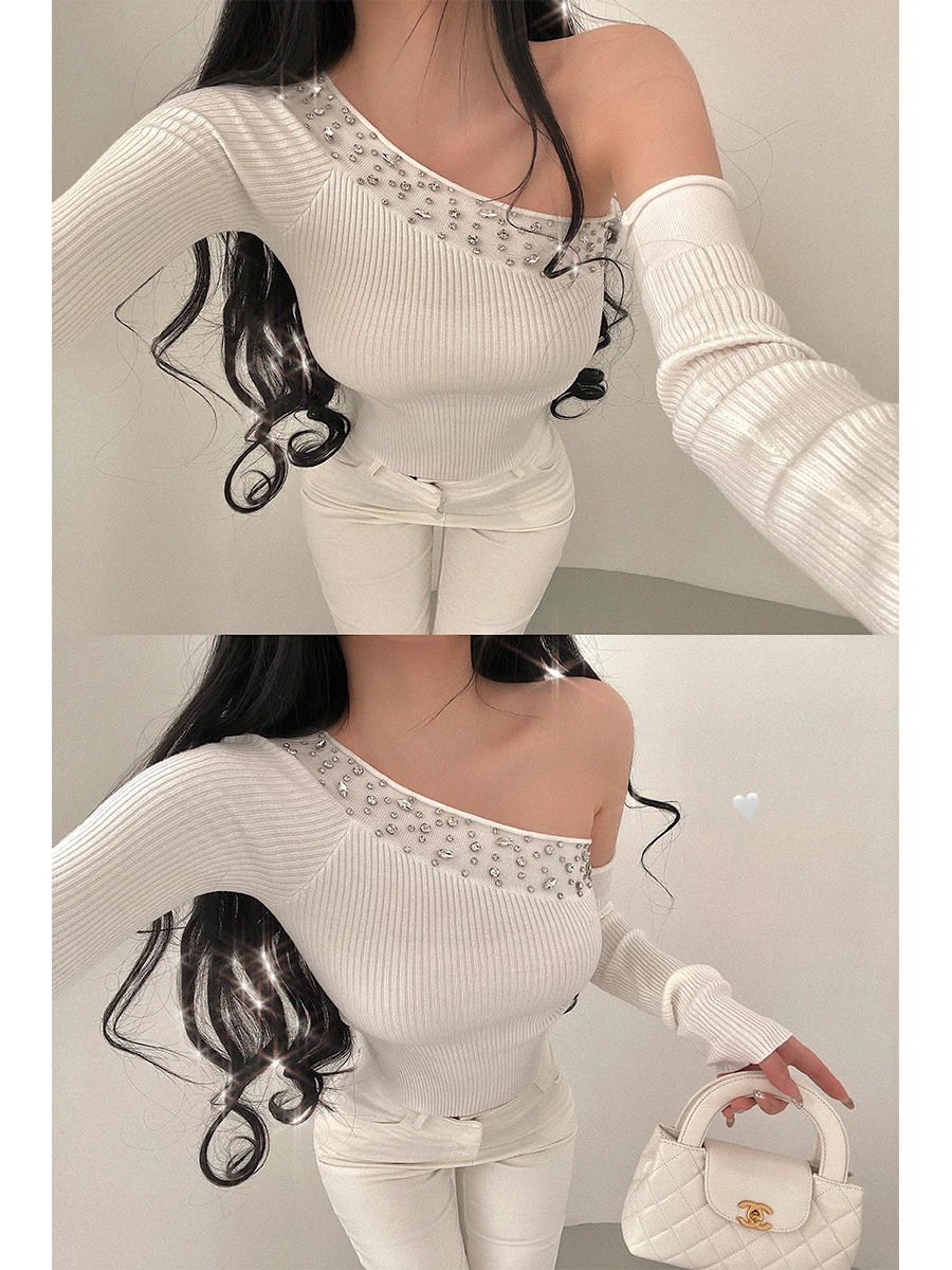 Sexy Young Girl Day Pure Desire Knitted Top Shoulder Bared Diamond Embellished Removable Sleeve Slant Collar Base Layer Shirt