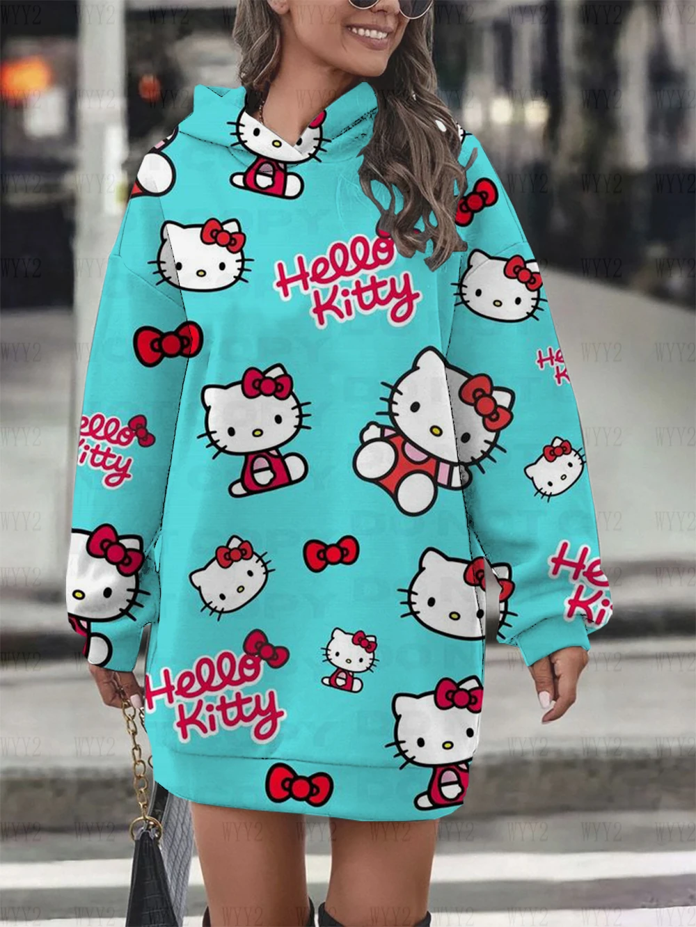 Autumn and winter women's new comfortable hooded skirt Hello Kitty print casual street retro role play loose hoodie